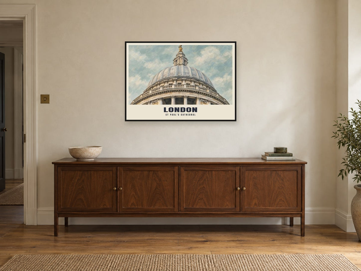 St Paul's Cathedral, London Poster at A1, in a black frame, above a sideboard
