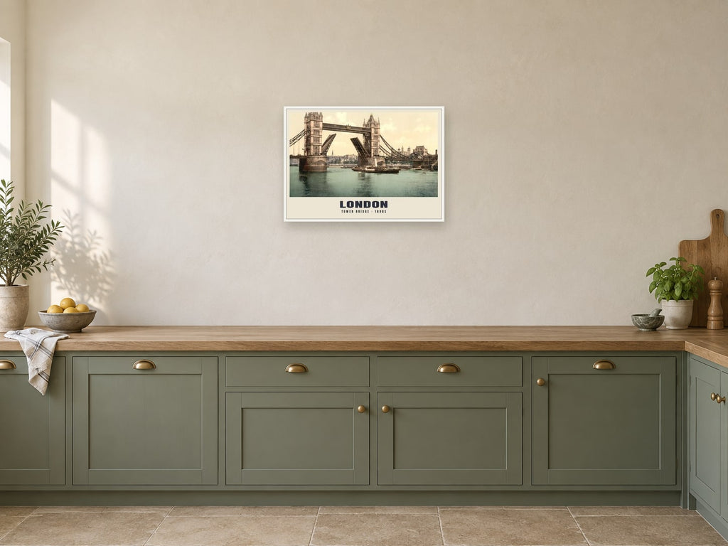 Tower Bridge, London Poster at A2, in a white frame, in a kitchen