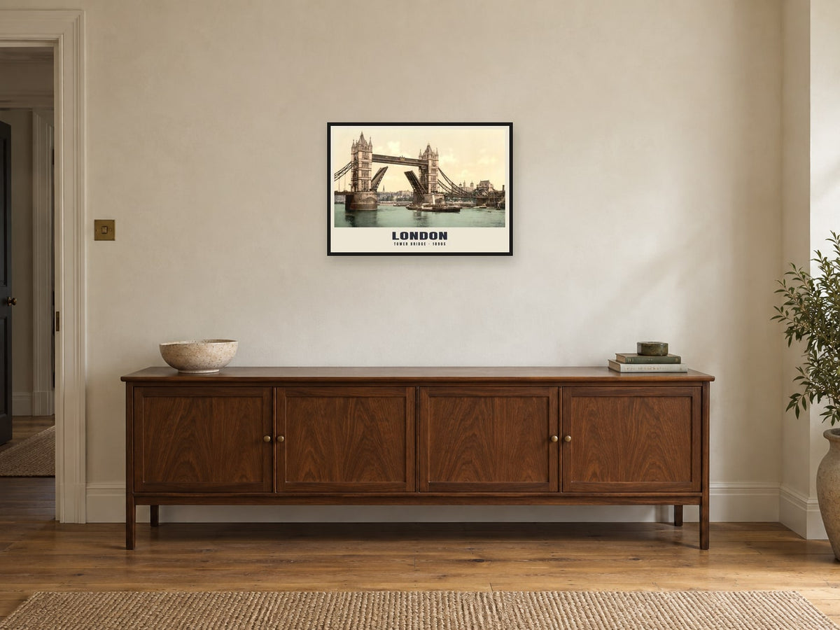 Tower Bridge, London, 1890s Heritage Print at A2, in a black frame, above a sideboard