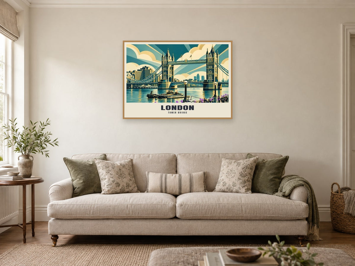 Tower Bridge, London Poster at A1, in a natural wood frame, in a sitting room