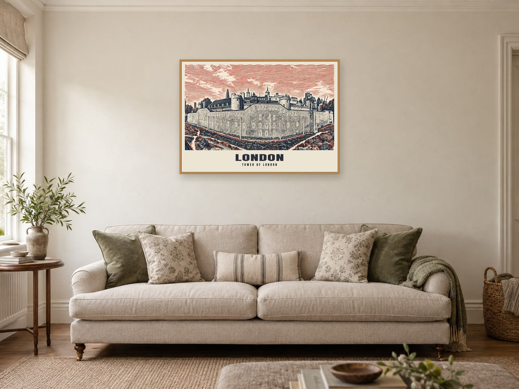 The Tower of London Poster at A1, in a natural wood frame, in a sitting room