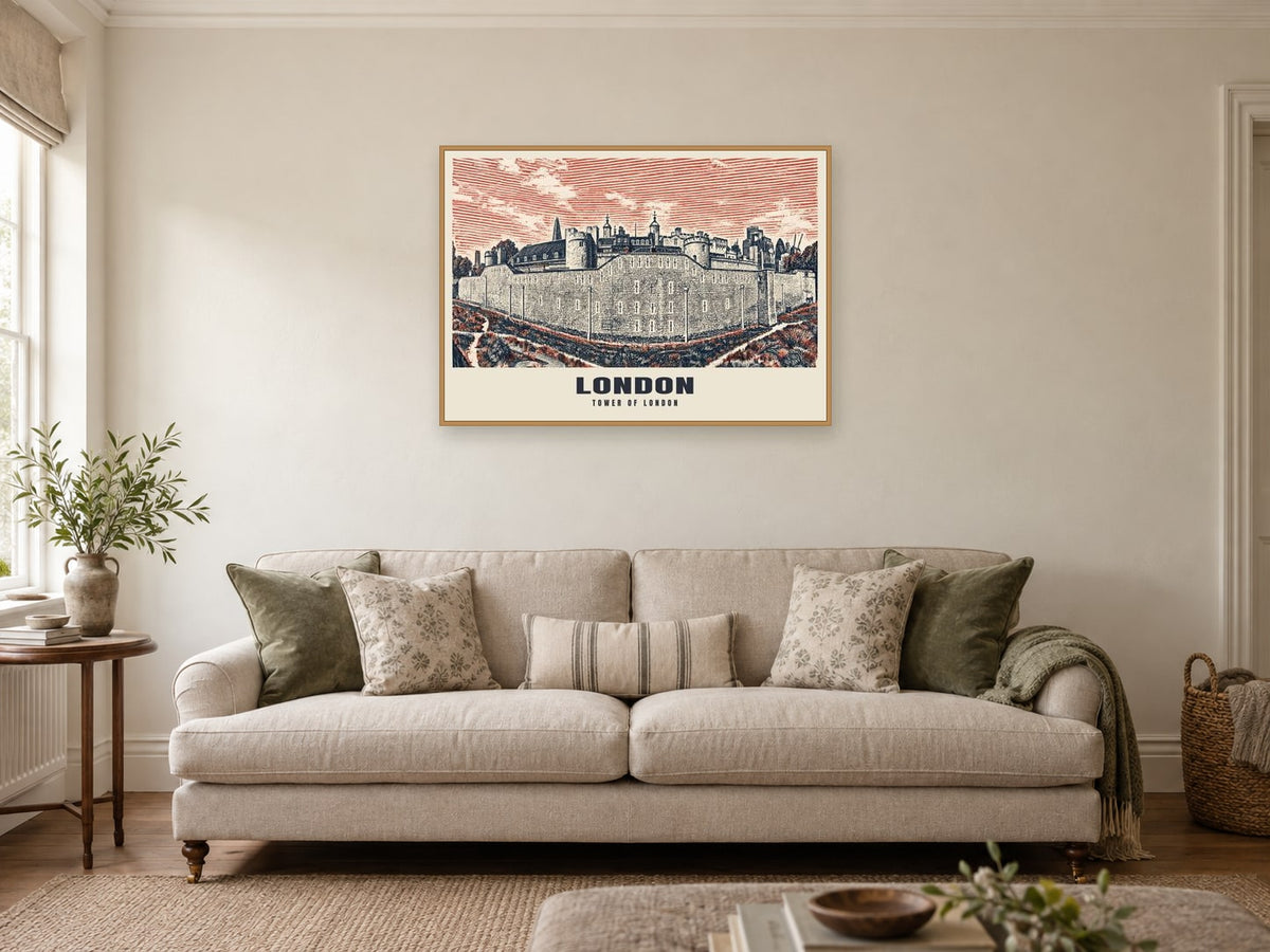 The Tower of London Poster at A1, in a natural wood frame, in a sitting room