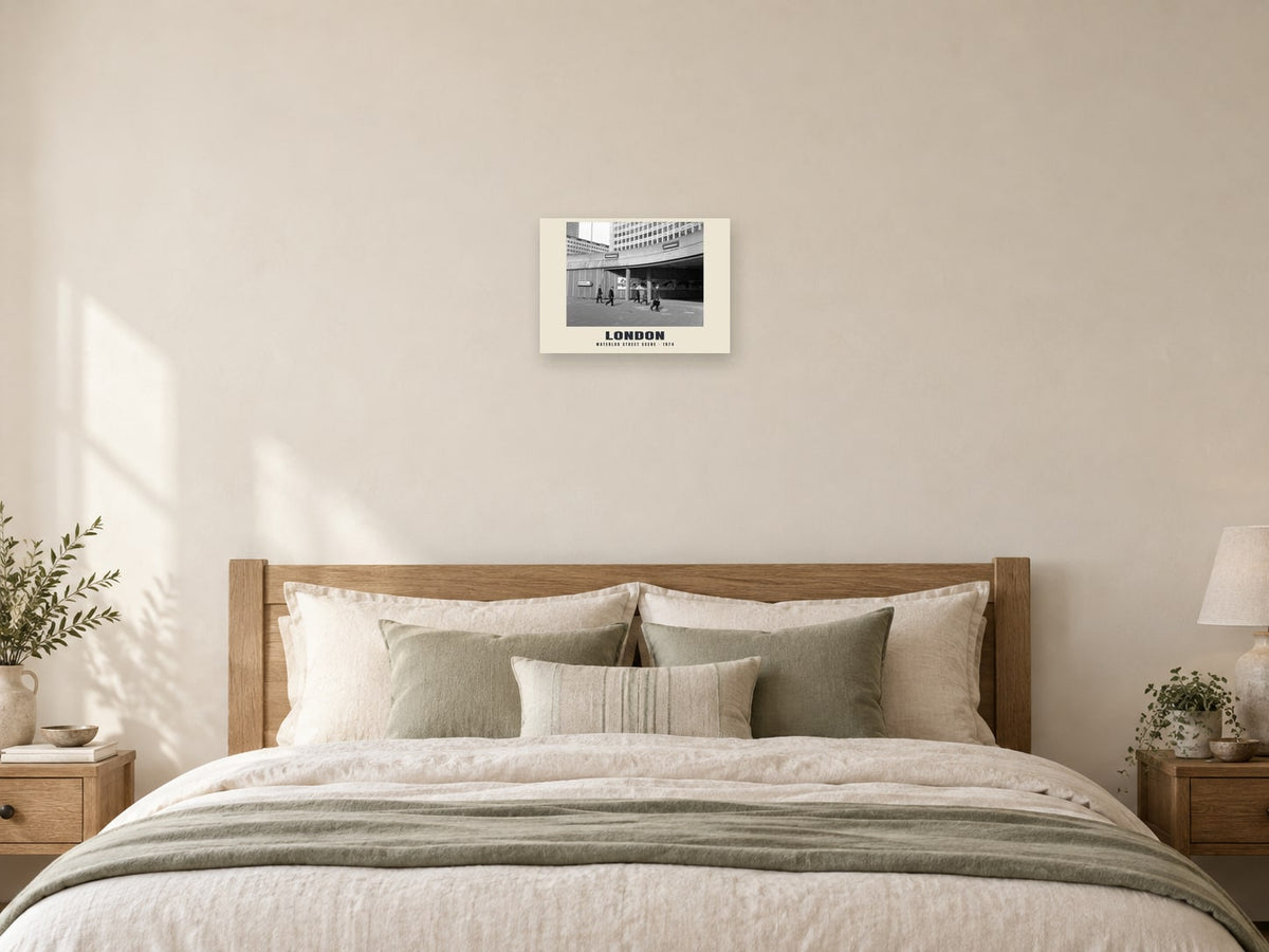 Waterloo street scene, London, 1974 Heritage Print at A3, as a poster, above a bed