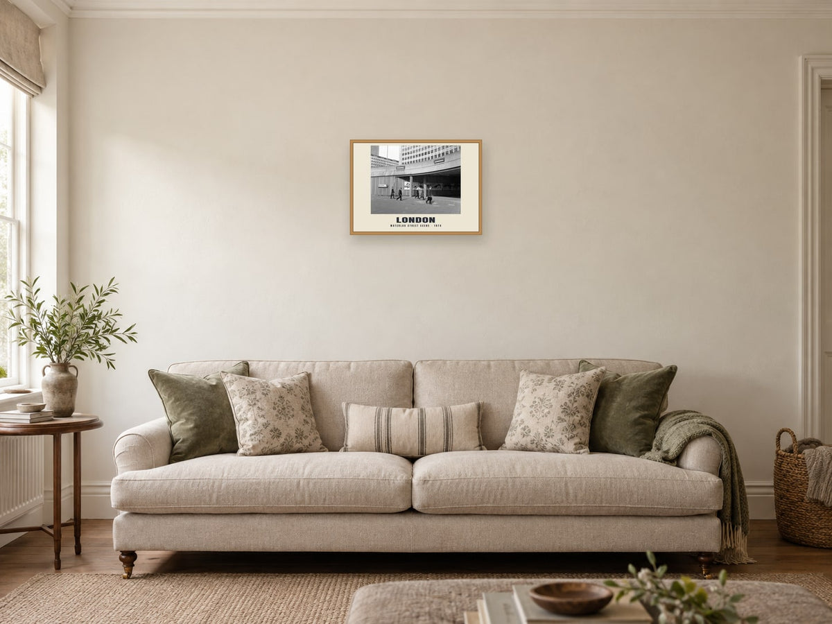 Waterloo street scene, London, 1974 Heritage Print at A3, in a natural wood frame, in a sitting room