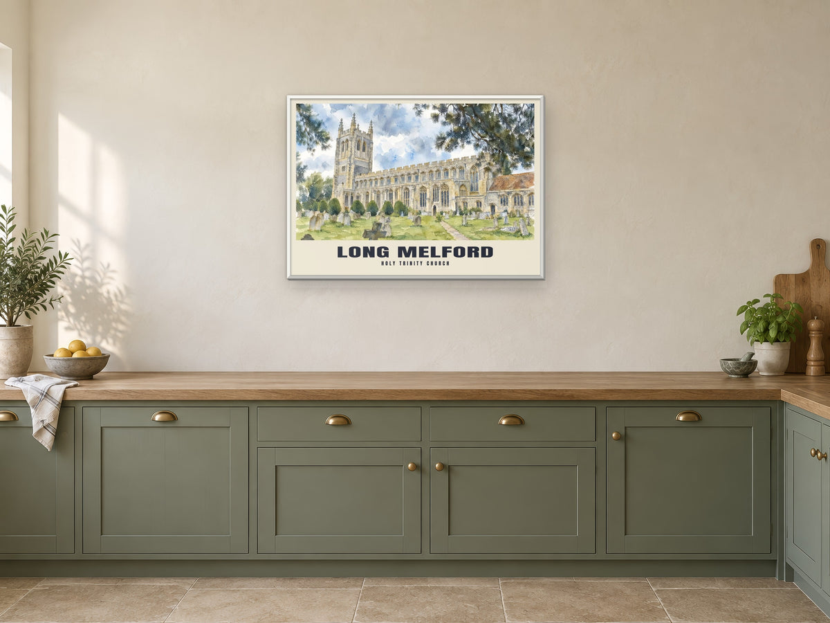 Holy Trinity Church, Long Melford Poster at A1, in a white frame, in a kitchen