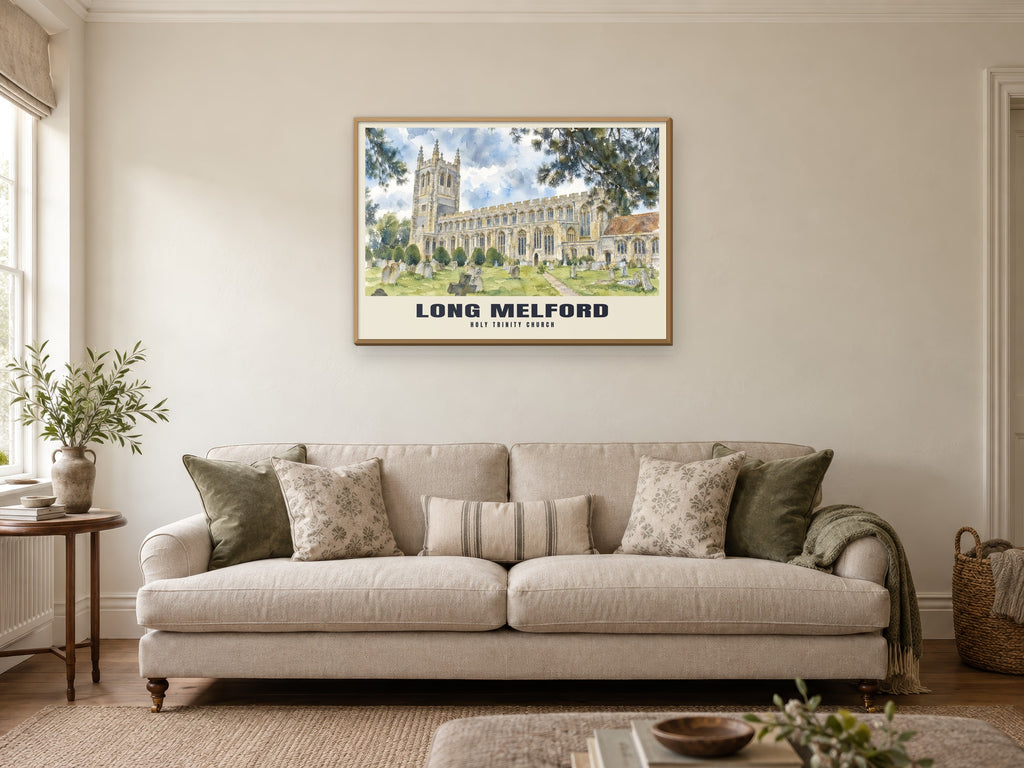 Holy Trinity Church, Long Melford Poster at A1, in a natural wood frame, in a sitting room