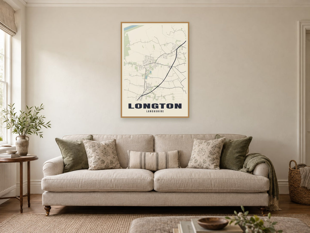 Longton Street Map Poster at A1, in a natural wood frame, in a sitting room