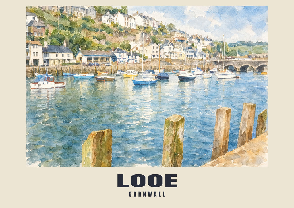 Looe English Watercolour art print with LOOE and CORNWALL name band