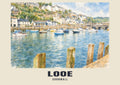 Looe English Watercolour art print with LOOE and CORNWALL name band