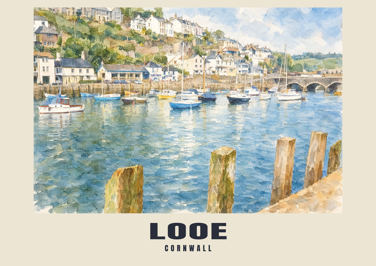 Looe English Watercolour art print with LOOE and CORNWALL name band