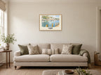 Looe named English Watercolour print at A2, in a natural wood frame, in a sitting room