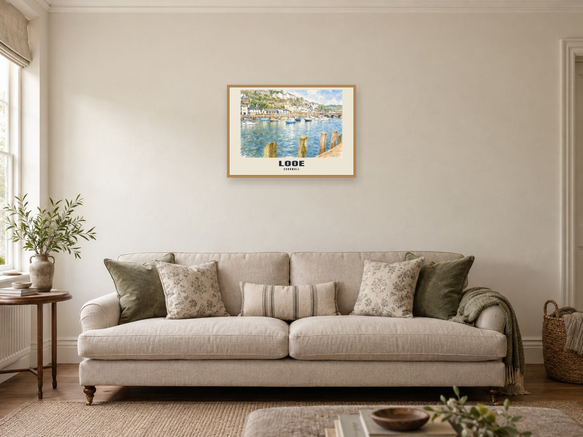 Looe named English Watercolour print at A2, in a natural wood frame, in a sitting room