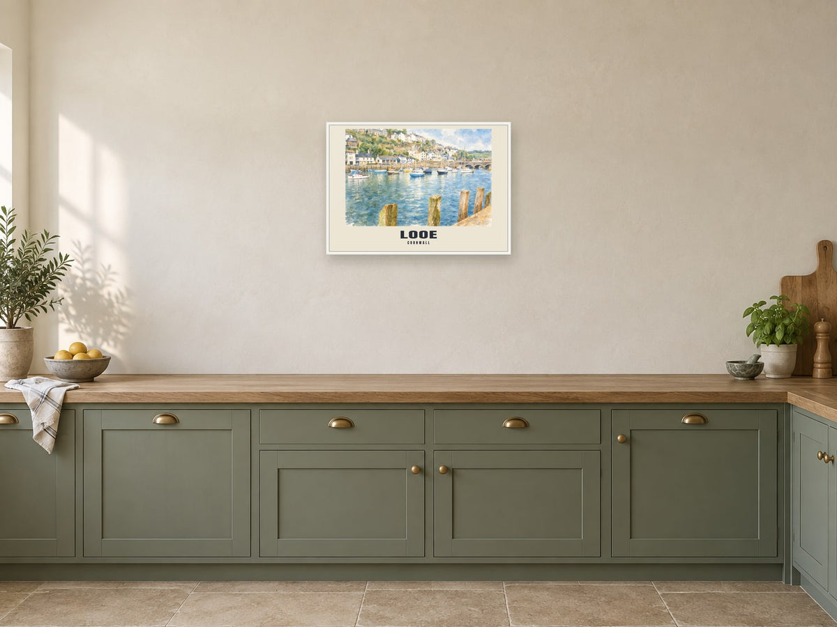 Looe named English Watercolour print at A2, in a white frame, in a kitchen