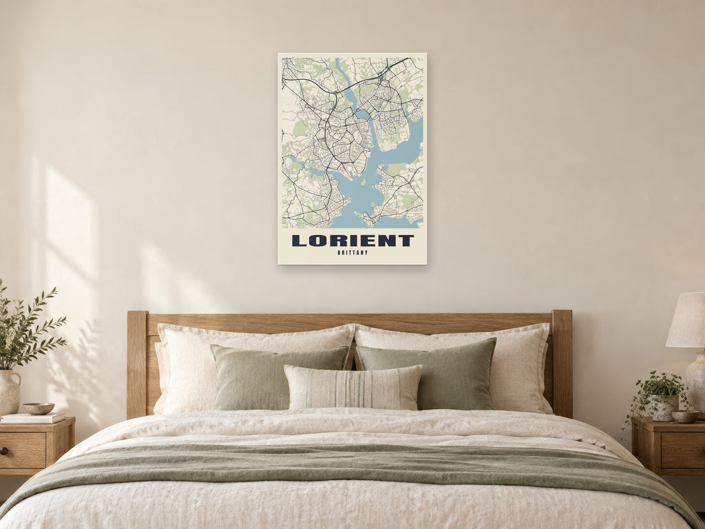 Lorient Street Map Poster at A1, as a poster, above a bed