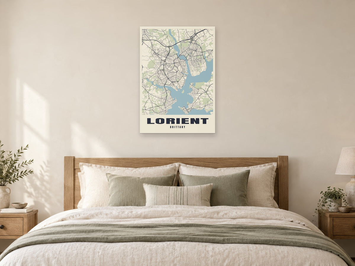 Lorient Street Map Poster at A1, as a poster, above a bed