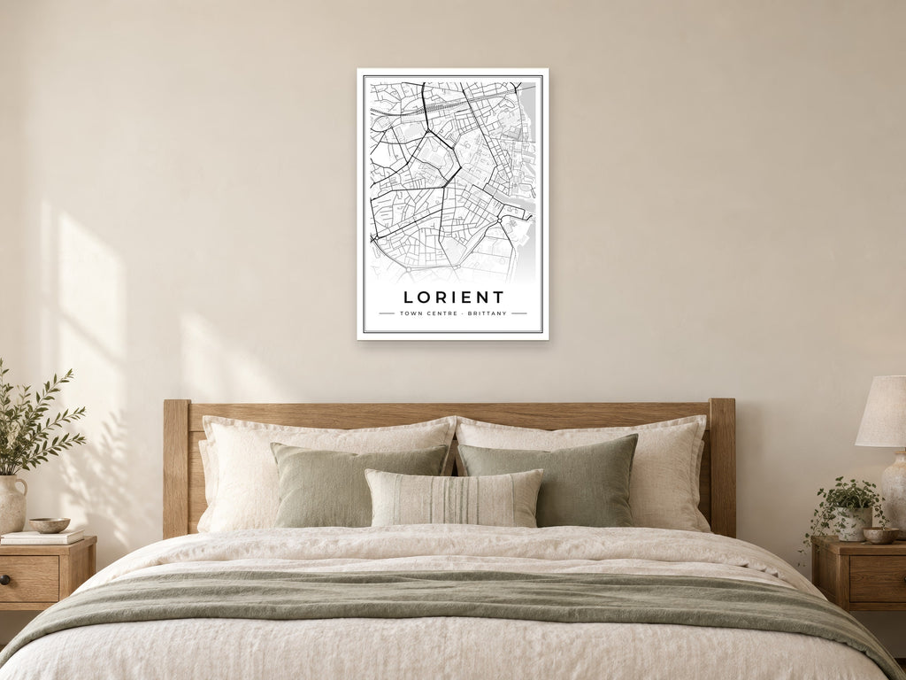 Lorient Town Centre Street Map Poster at A1, as a poster, above a bed