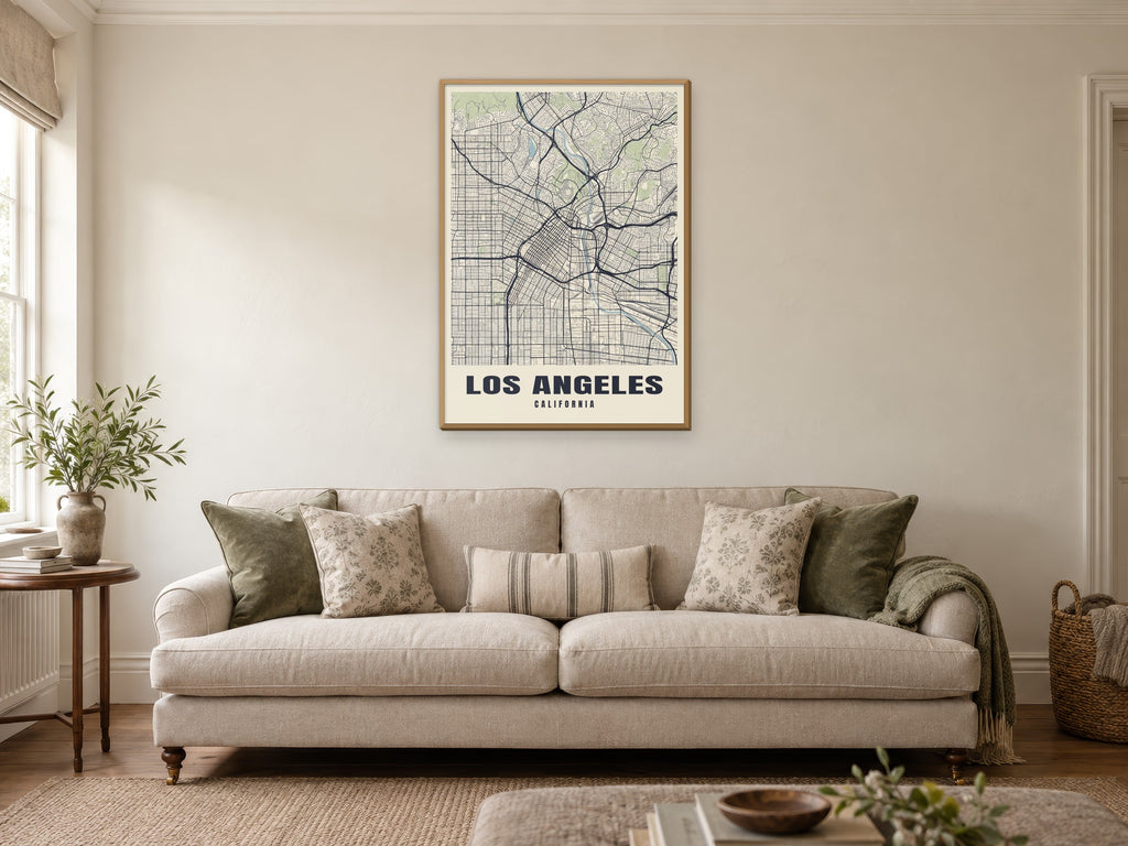 Los Angeles Street Map Poster at A1, in a natural wood frame, in a sitting room