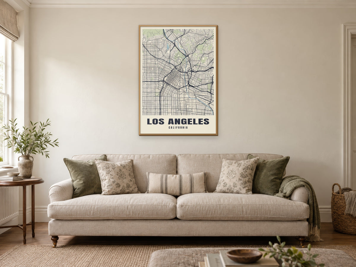 Los Angeles Street Map Poster at A1, in a natural wood frame, in a sitting room