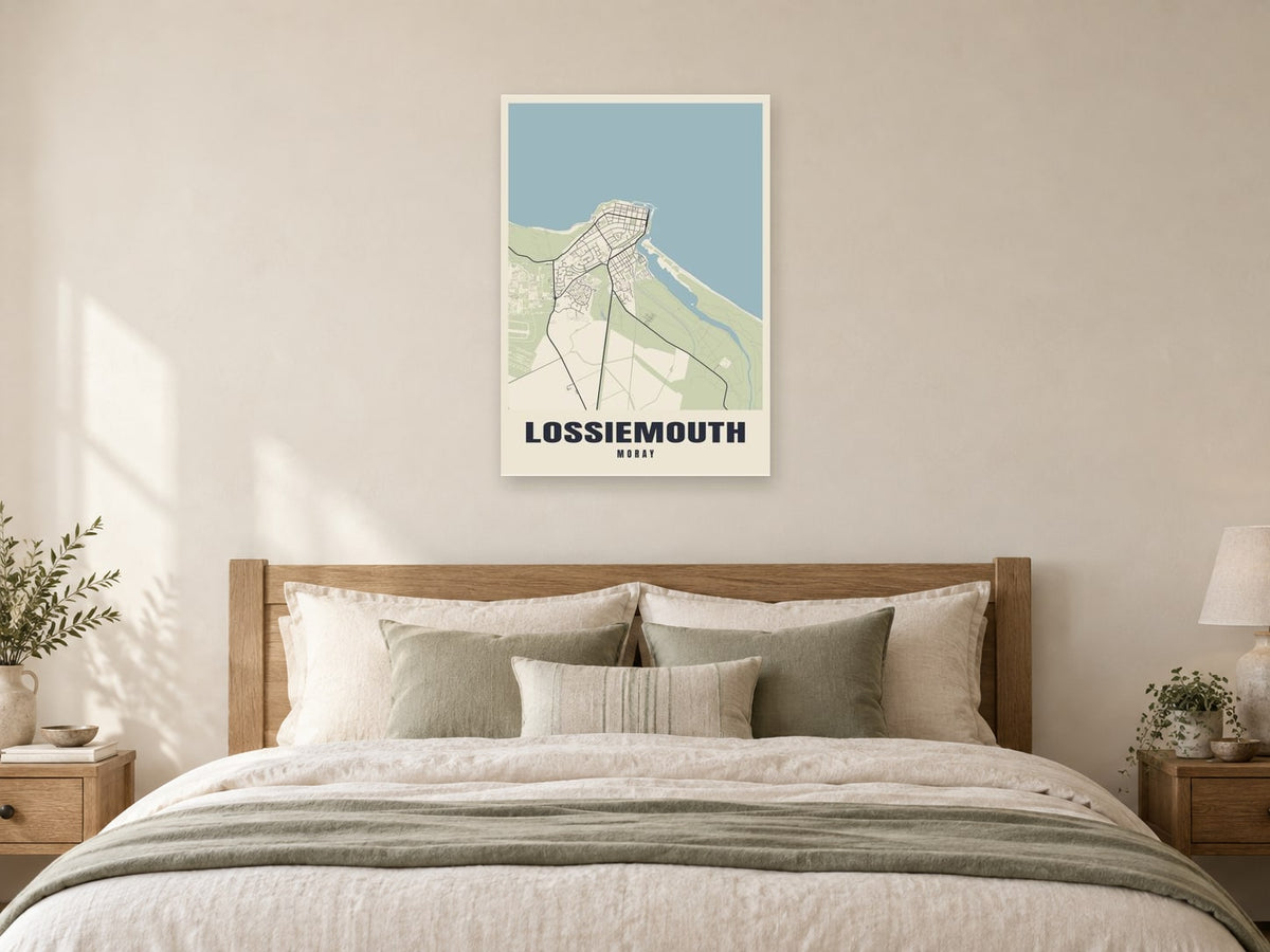 Lossiemouth Street Map Poster at A1, as a poster, above a bed