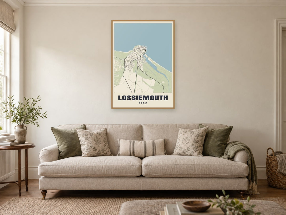 Lossiemouth Street Map Poster at A1, in a natural wood frame, in a sitting room