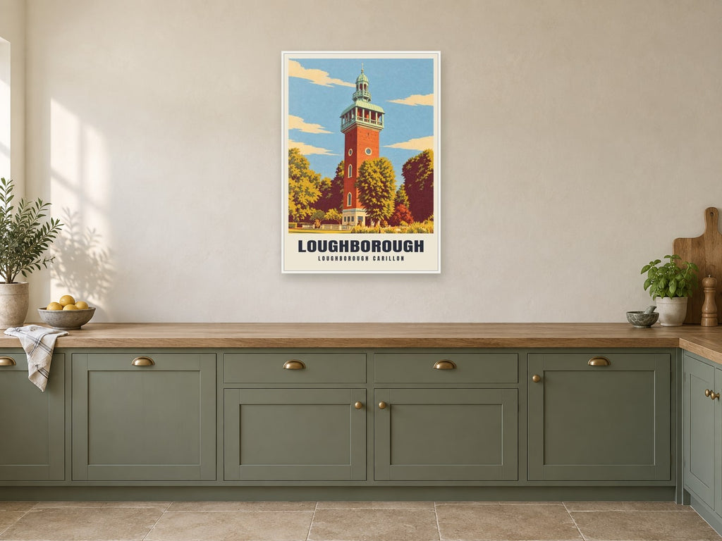 Loughborough Carillon Poster at A1, in a white frame, in a kitchen