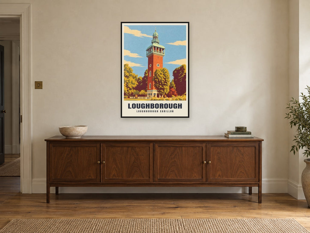 Loughborough Carillon Poster at A1, in a black frame, above a sideboard