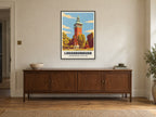 Loughborough Carillon Poster at A1, in a black frame, above a sideboard