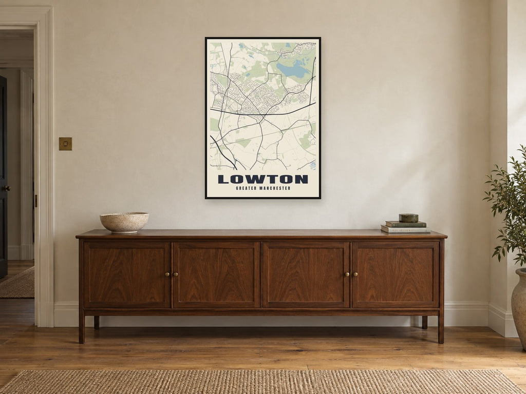 Lowton Street Map Poster at A1, in a black frame, above a sideboard