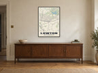 Lowton Street Map Poster at A1, in a black frame, above a sideboard