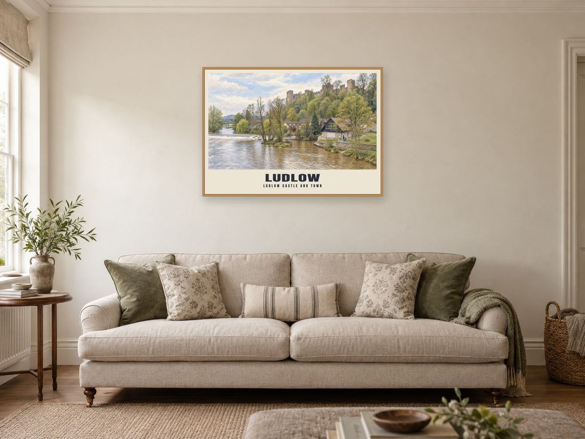 Ludlow Castle and town Poster at A1, in a natural wood frame, in a sitting room