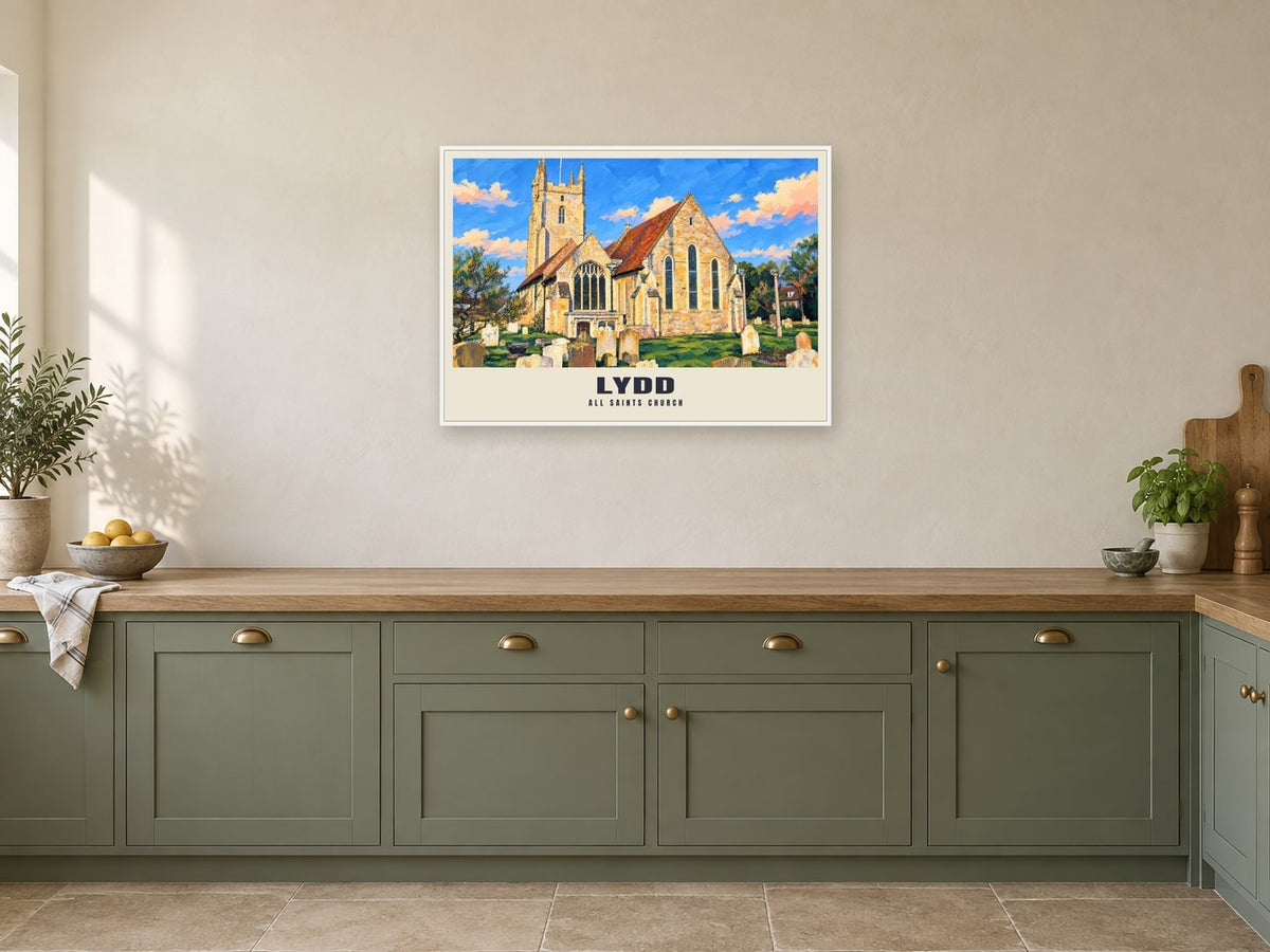 All Saints Church, Lydd Poster at A1, in a white frame, in a kitchen