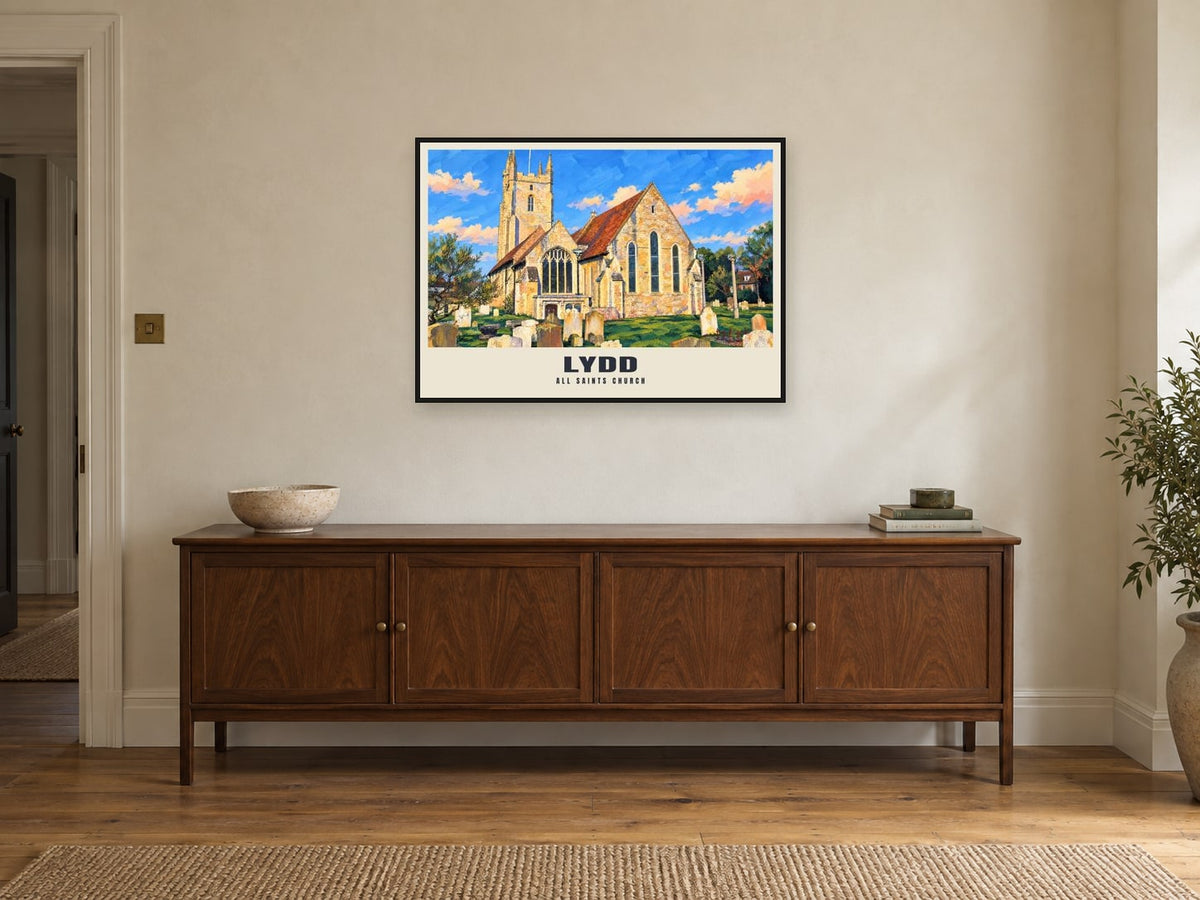 All Saints Church, Lydd Poster at A1, in a black frame, above a sideboard
