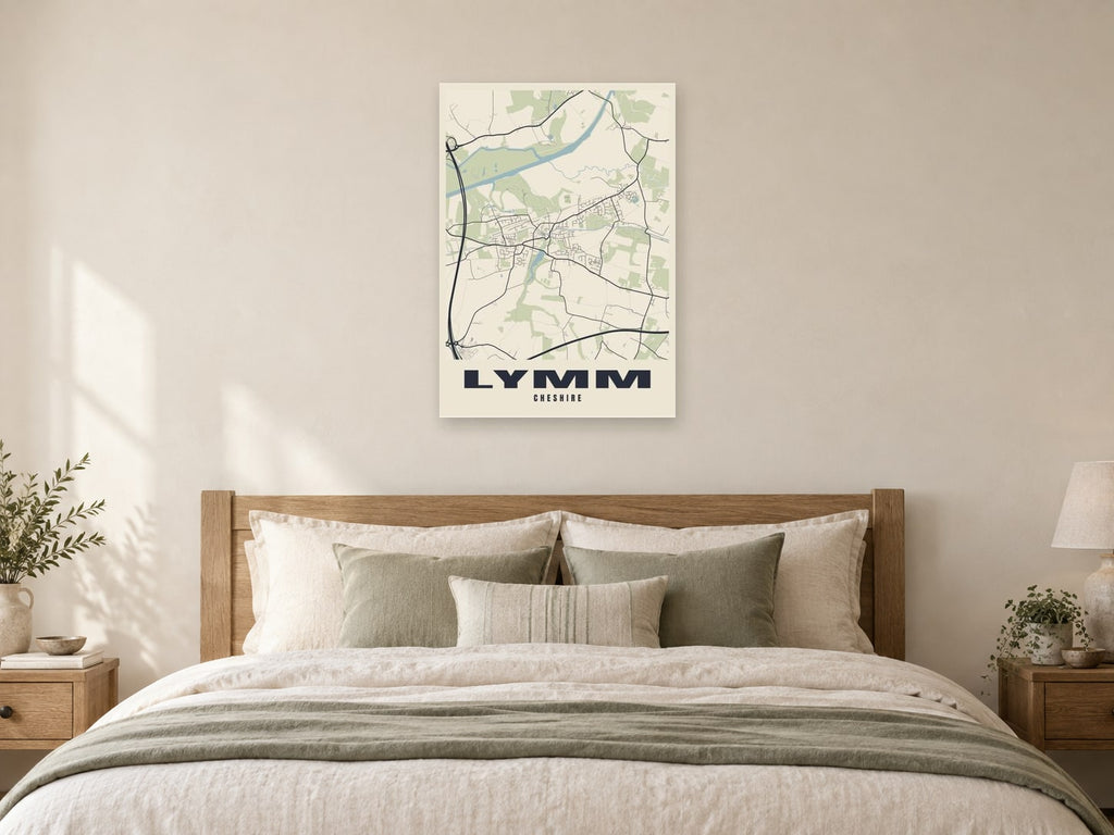 Lymm Street Map Poster at A1, as a poster, above a bed