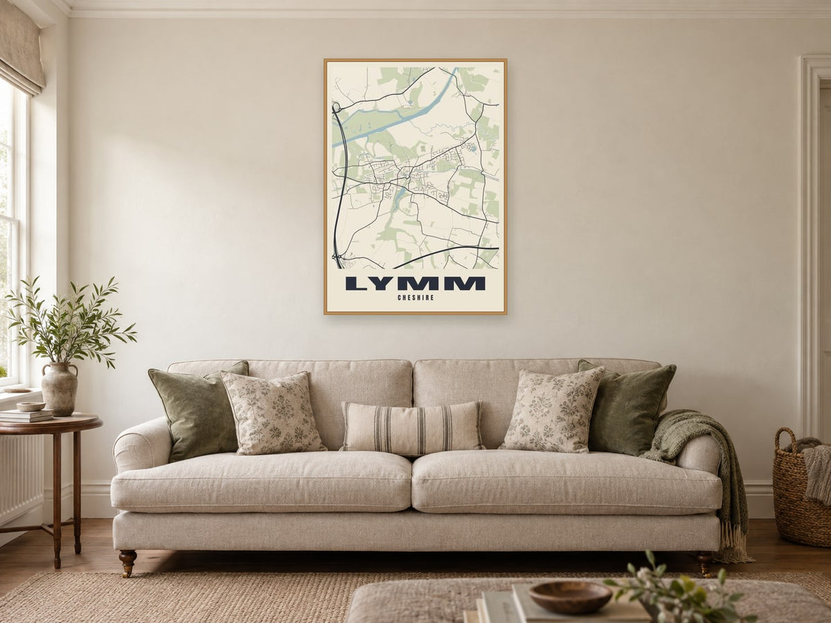 Lymm Street Map Poster at A1, in a natural wood frame, in a sitting room
