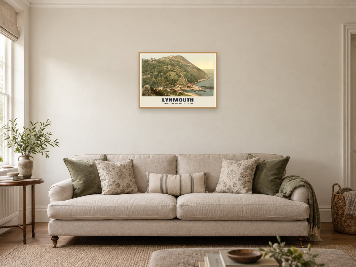 Lynton and Lynmouth Poster at A2, in a natural wood frame, in a sitting room