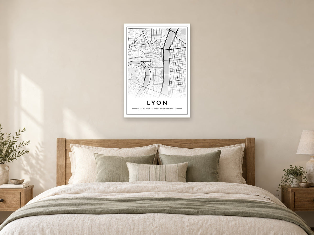 Lyon City Centre Street Map Poster at A1, as a poster, above a bed