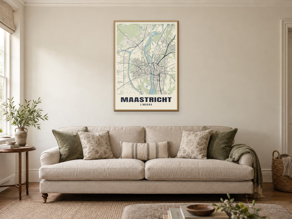 Maastricht Street Map Poster at A1, in a natural wood frame, in a sitting room