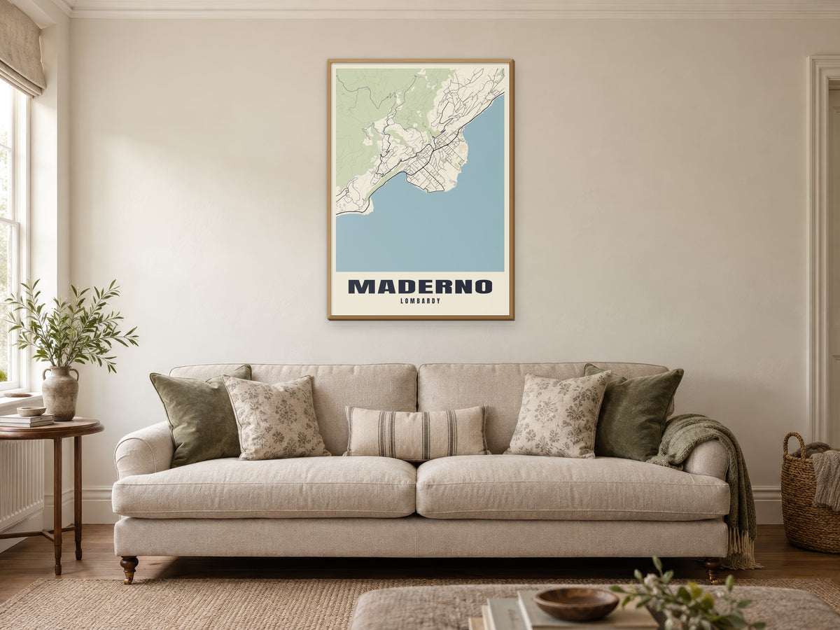 Maderno Street Map Poster at A1, in a natural wood frame, in a sitting room