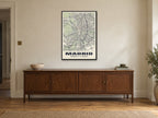 Madrid Street Map Poster at A1, in a black frame, above a sideboard