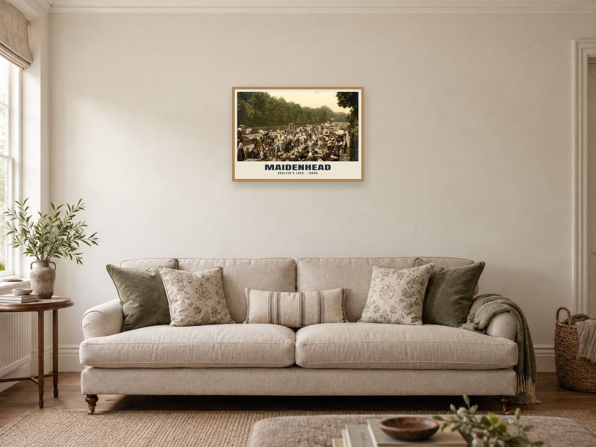 Boulter's Lock, Maidenhead, 1890s Heritage Print at A2, in a natural wood frame, in a sitting room
