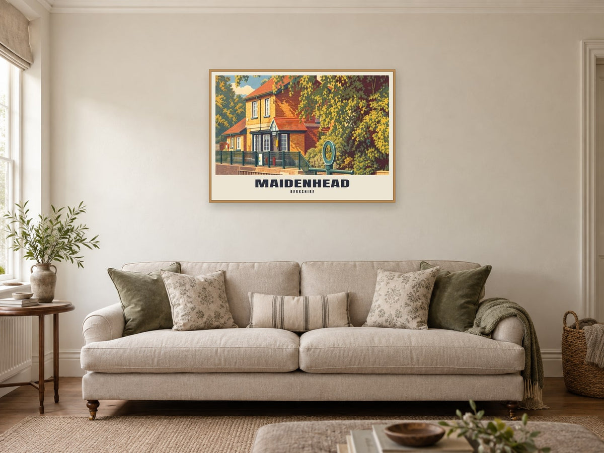 Boulter's Lock, Maidenhead Poster at A1, in a natural wood frame, in a sitting room