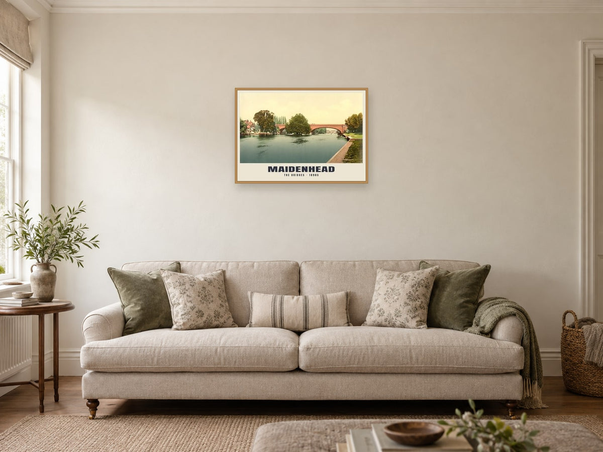 The Thames at Maidenhead, 1890s Heritage Print at A2, in a natural wood frame, in a sitting room