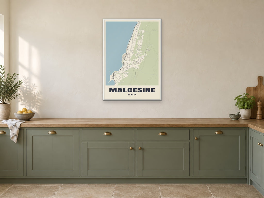 Malcesine Street Map Poster at A1, in a white frame, in a kitchen