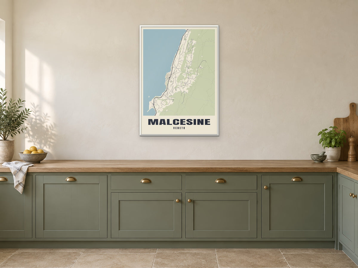 Malcesine Street Map Poster at A1, in a white frame, in a kitchen