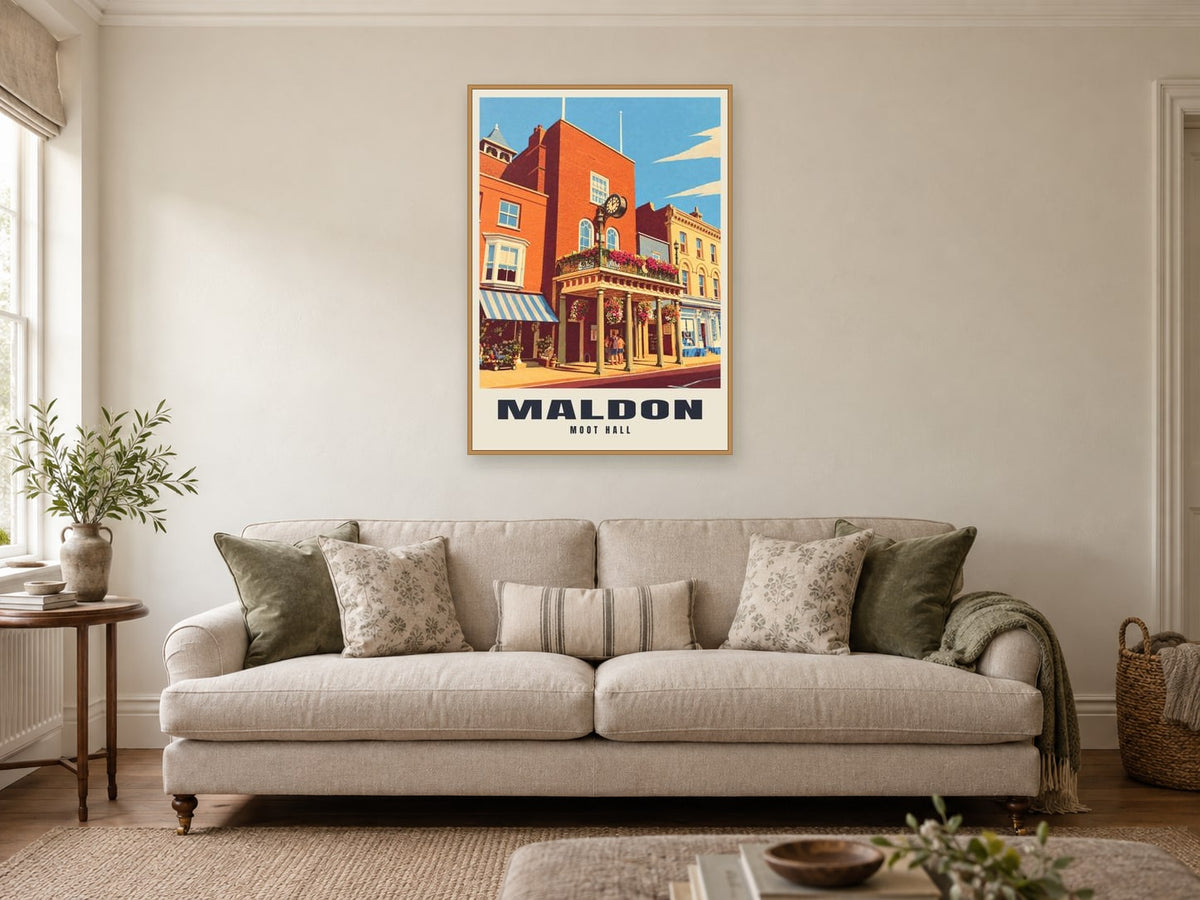 Moot Hall, Maldon Poster at A1, in a natural wood frame, in a sitting room