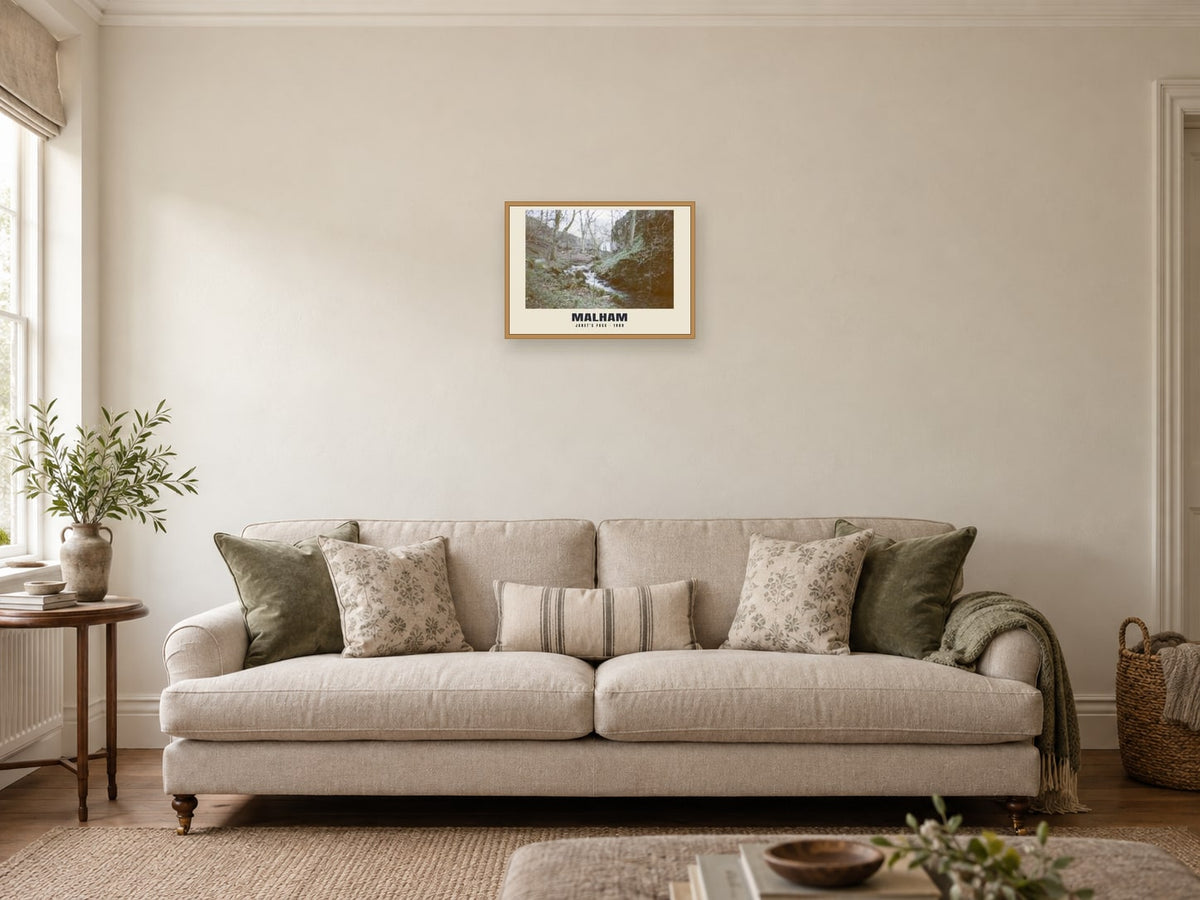 Janet’s Foss, Malham, 1989 Heritage Print at A3, in a natural wood frame, in a sitting room