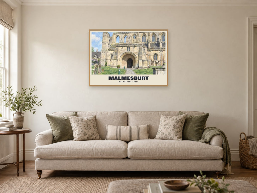 Malmesbury Abbey Poster at A1, in a natural wood frame, in a sitting room
