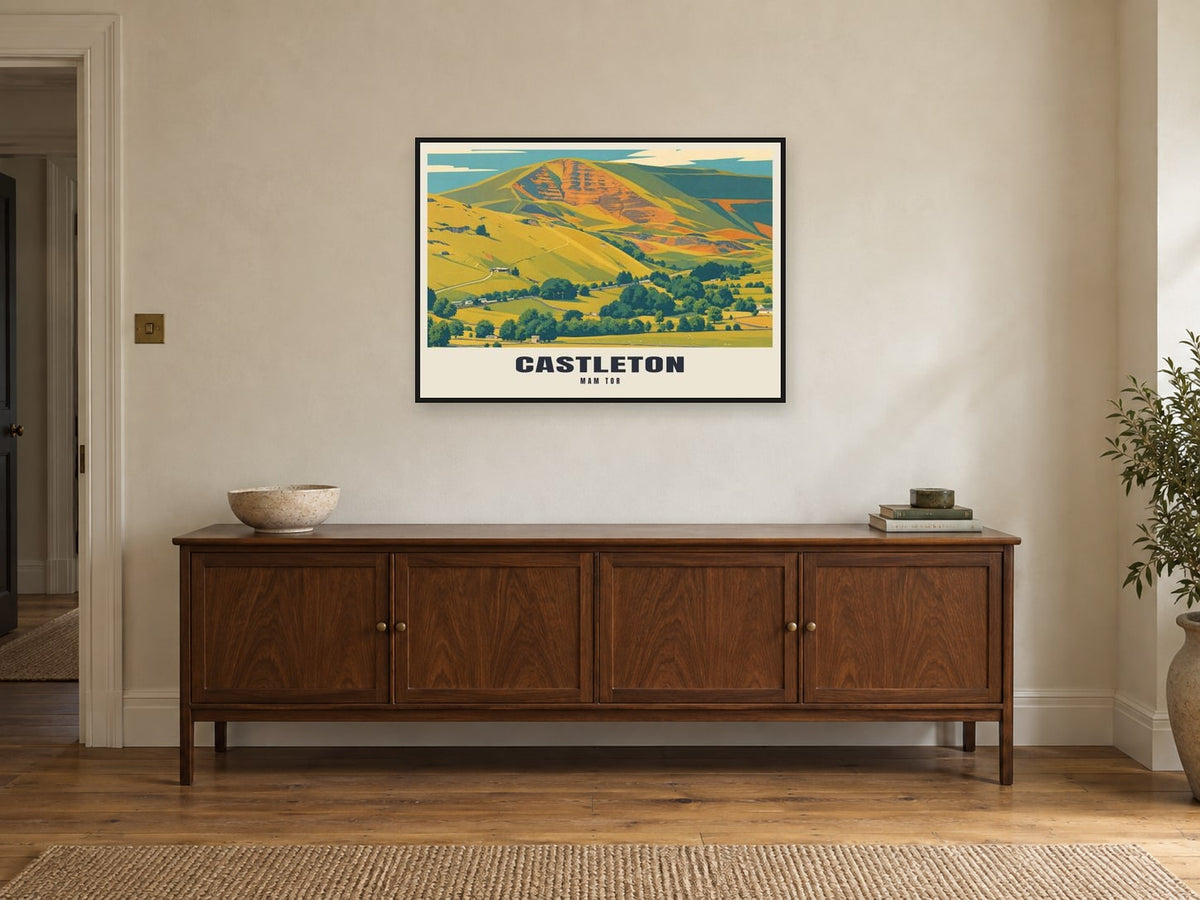 Mam Tor, Castleton Poster at A1, in a black frame, above a sideboard