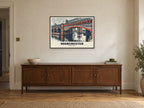 Castlefield, Manchester Poster at A1, in a black frame, above a sideboard