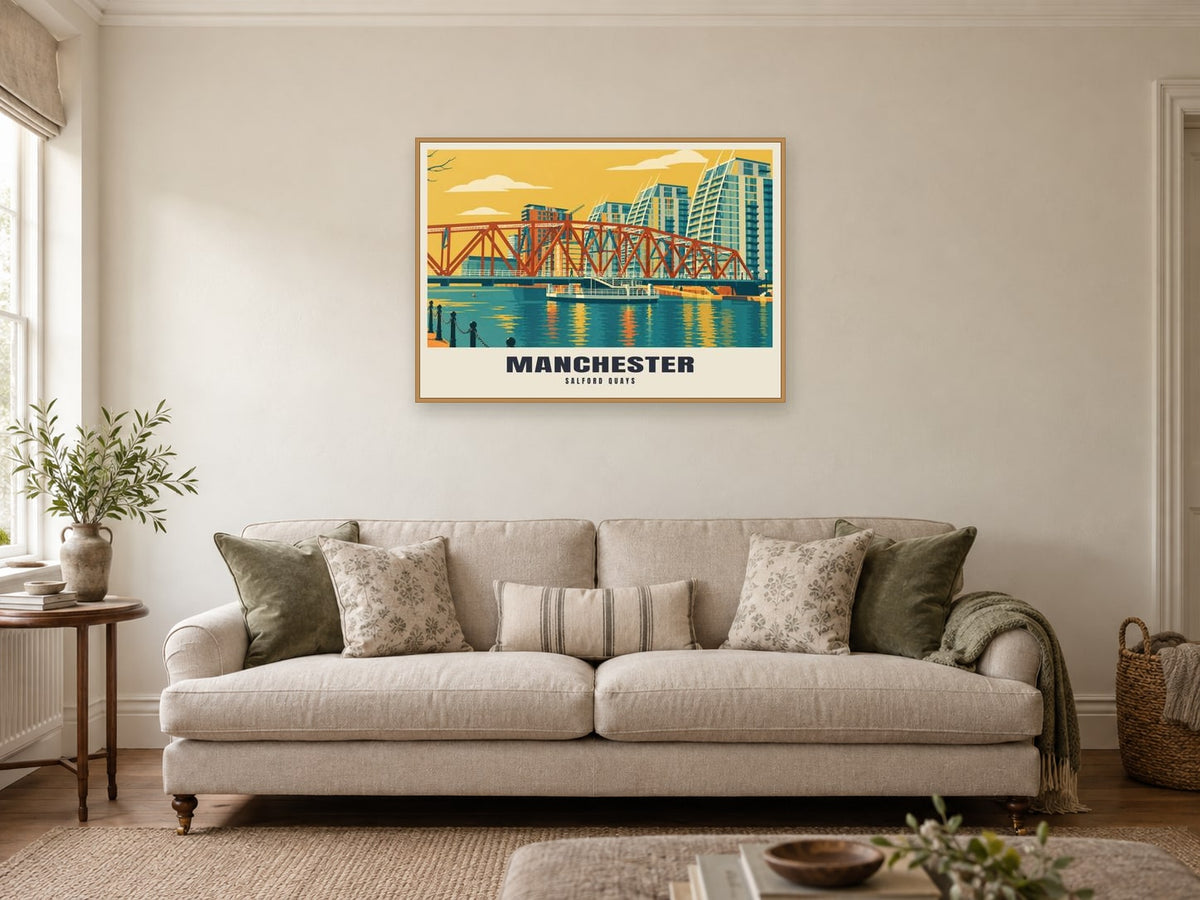 Salford Quays, Manchester Poster at A1, in a natural wood frame, in a sitting room